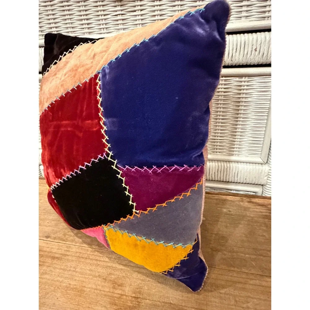 Bohemian Velvet Patchwork Throw Pillow Crazy Quilt Jewel Tone Cross Stitch 12x12